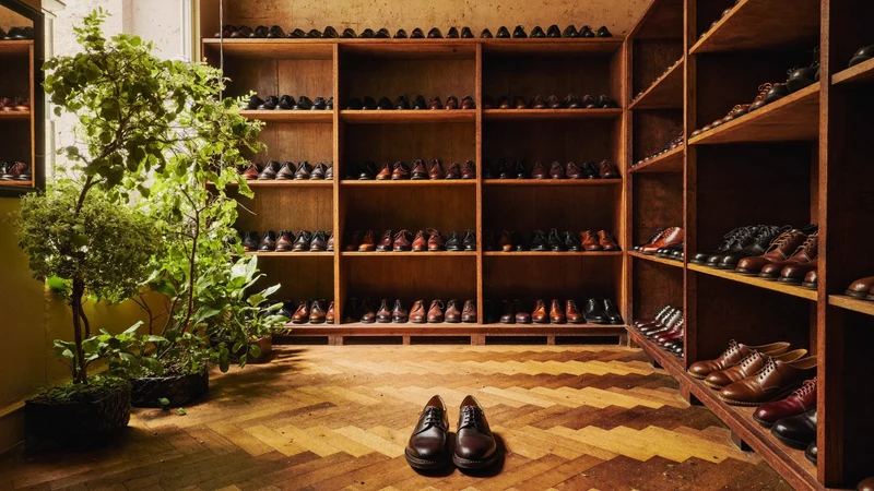 Interno illustrato di un piccolo negozio di scarpe torinese con scaffali in legno