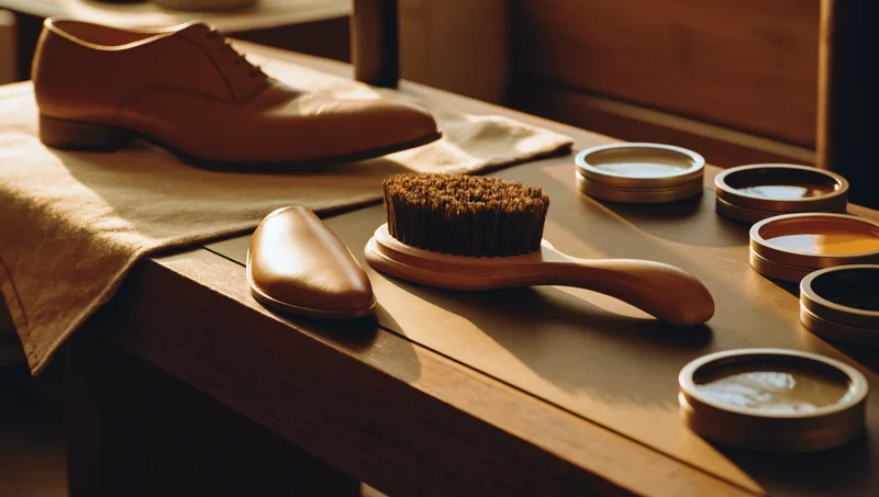 Spazzola, lucido e forma in legno sul banco di cura delle scarpe